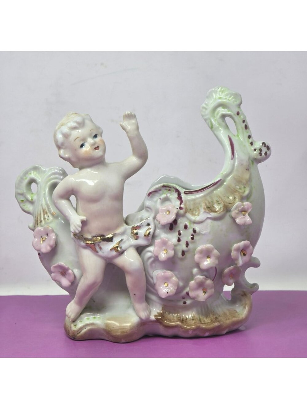 Vintage Porcelain Cherub Figurine Planter Floral Accents Pastel Glaze Finish